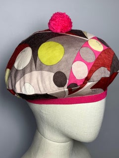 Emilio Pucci Merino Wool Knit Mod Print Beret w Pompom