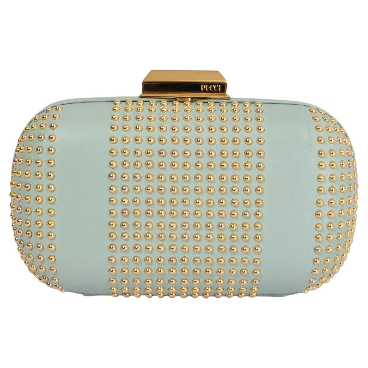 EMILIO PUCCI minor green leather STUDDED BOX Clutch Bag