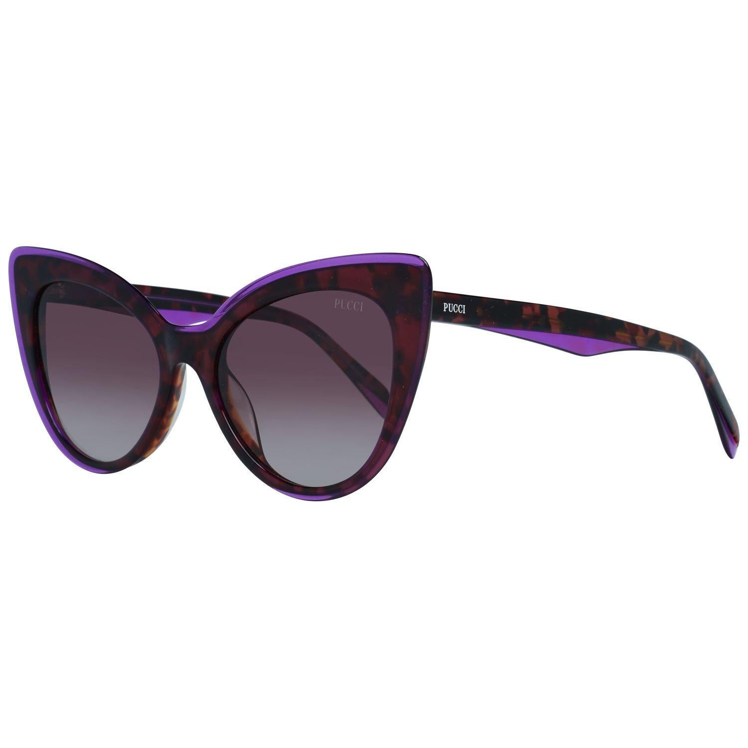 Emilio Pucci Brown and purple Cat Eye Sunglasses, Mod. EP0106. Gradient brown lenses. 'Pucci' signature on temples. Imported Details MATERIAL: Acetate COLOR: Brown MODEL: EP0106 5483F GENDER: Women COUNTRY OF MANUFACTURE: China ORIGINAL CASE?: Yes