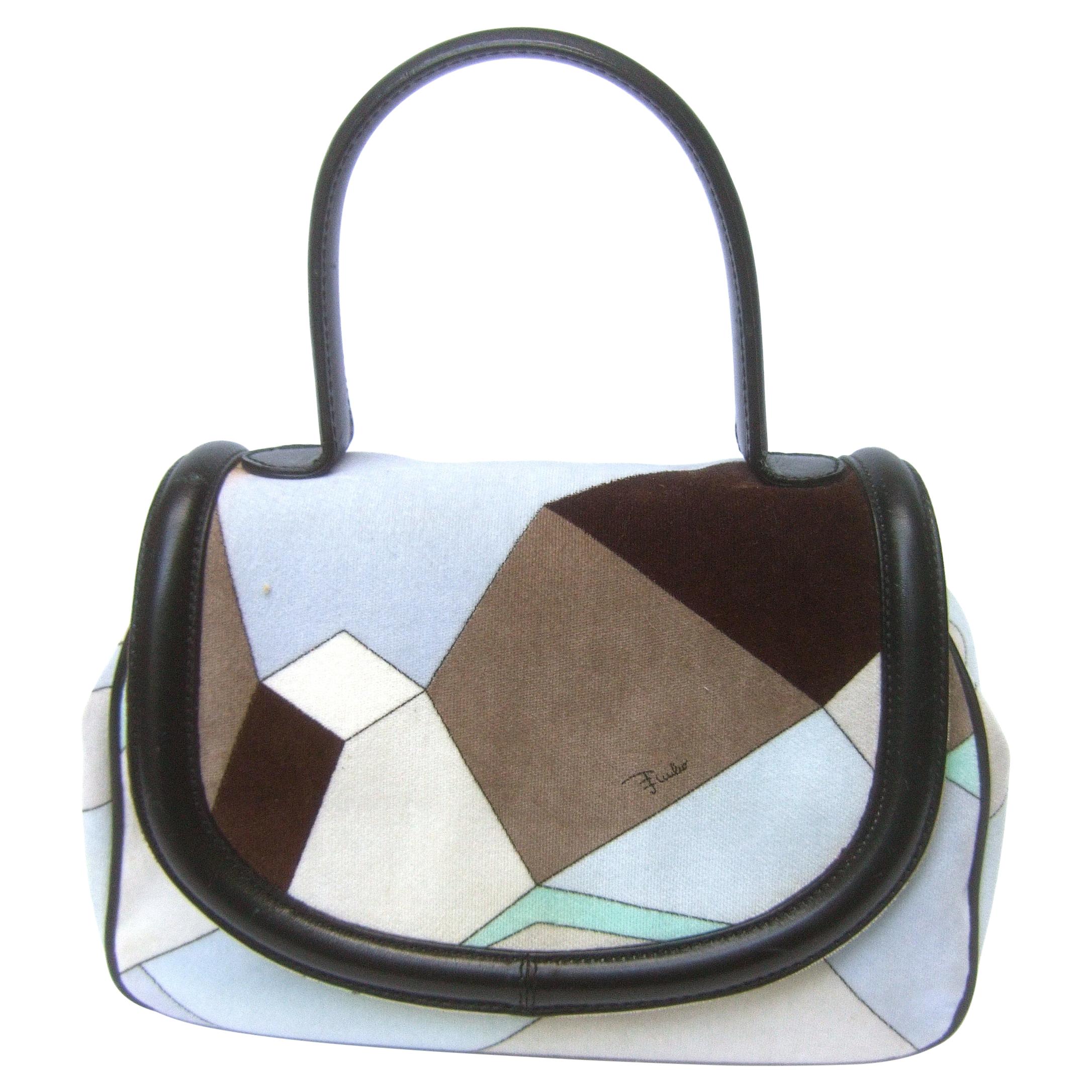 Emilio Pucci Mod Velvet Print Leather Trim Italian Handbag circa 21st c 