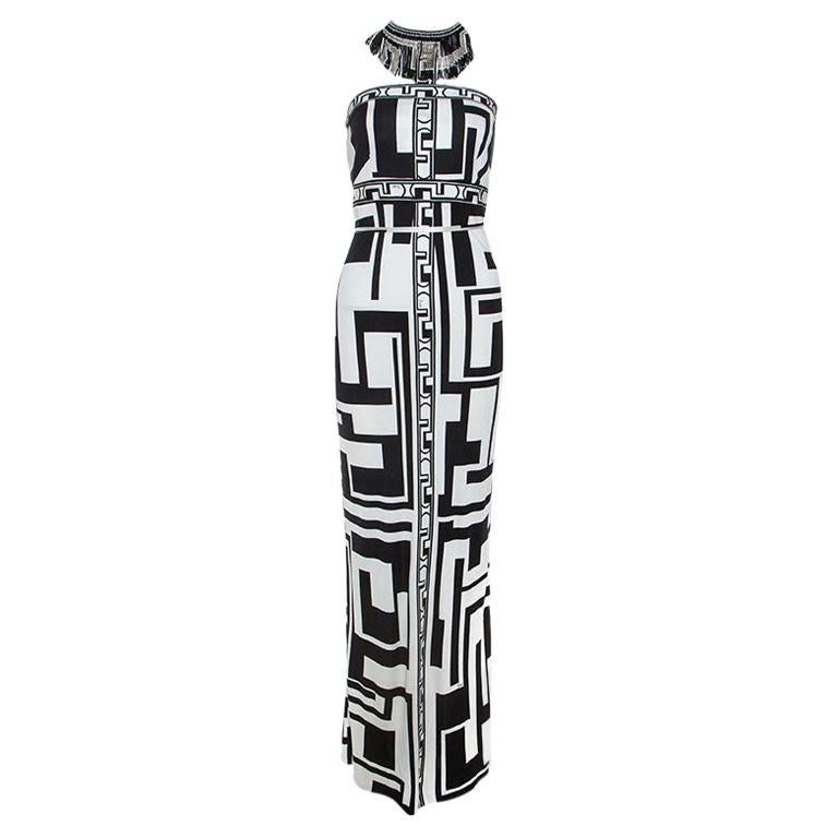 Emilio Pucci Monochrome Printed Silk Beaded Collar Dress M