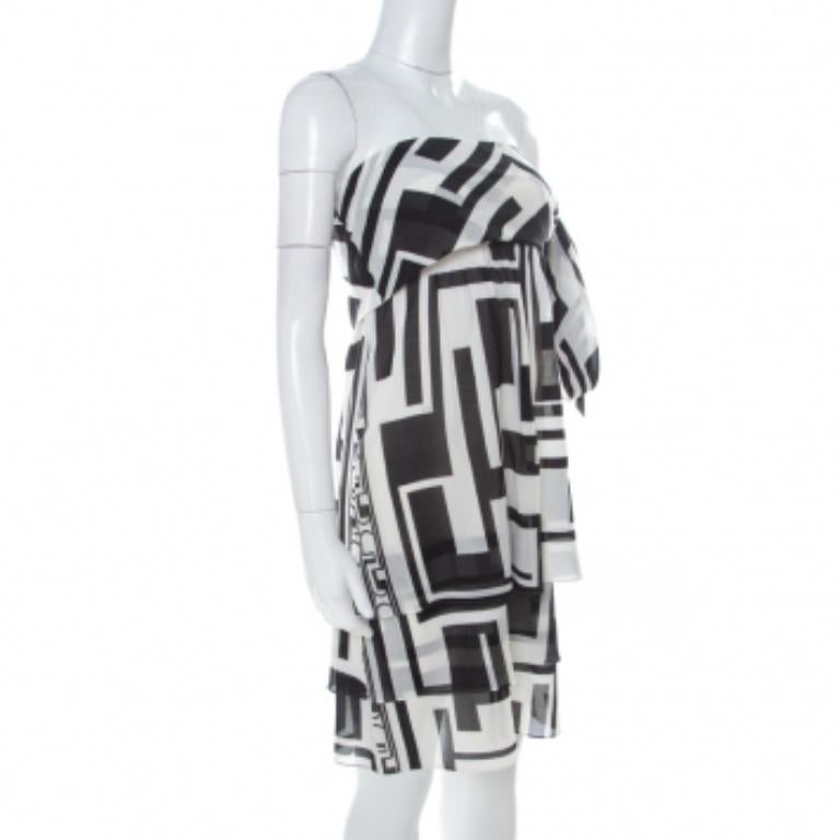 Emilio Pucci Monochromes Seiden Chiffon Trägerloses Kurzes Kleid M (Grau) im Angebot