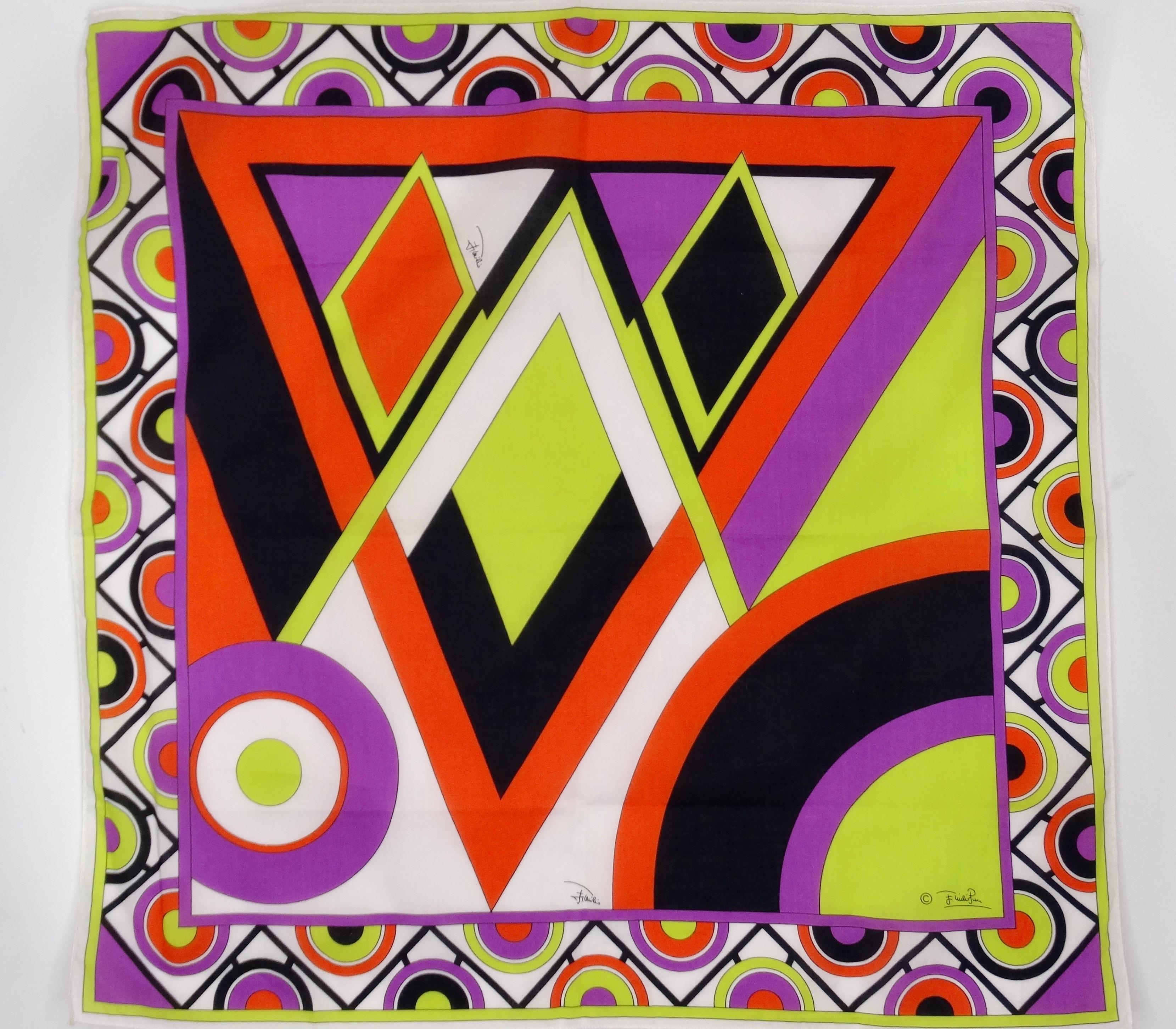 Add this Pucci to your collection! Circa 1960s, this adorable cotton scarf features one of Pucci's signature abstract designs with diamond shapes in colors of purple, orange, chartreuse and black. Geometric trim. Emilio Pucci written throughout,
