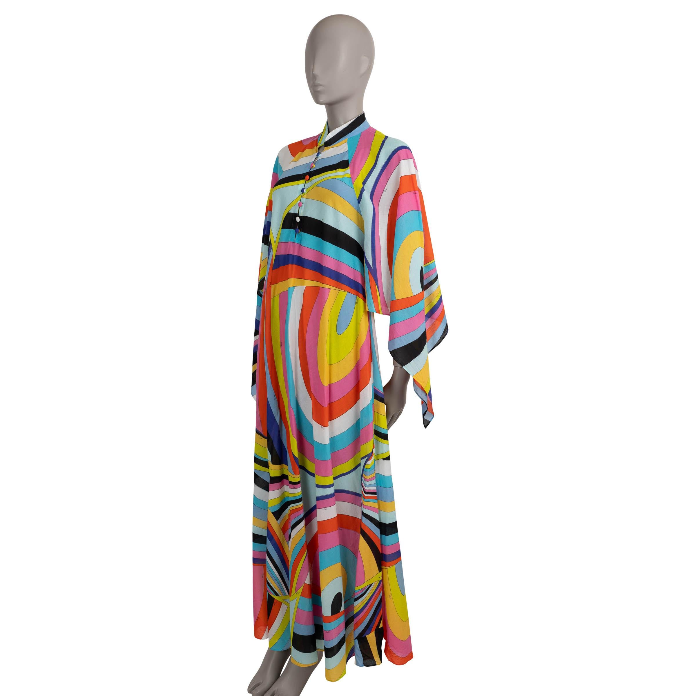 This 100% authentic Emilio Pucci kaftan dress is crafted in multicolor Iride-printed mousseline cotton (content and size tag missing). Designed with a relaxed silhouette that flares gracefully from the bust down, it features a maxi length, band