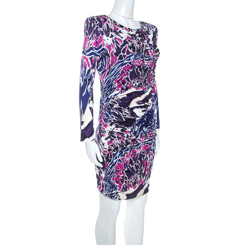 Gray Emilio Pucci Multicolor Abstract Print Silk Jersey Ruched Detail Dress M