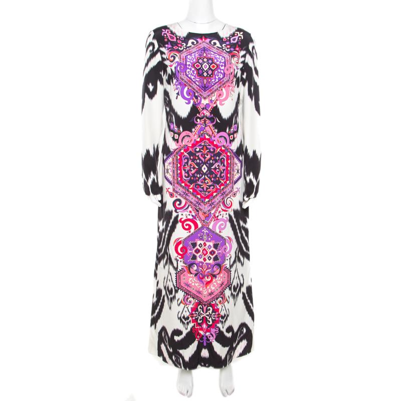 Black Emilio Pucci Multicolor Ikat Printed Silk Long Sleeve Maxi Dress M
