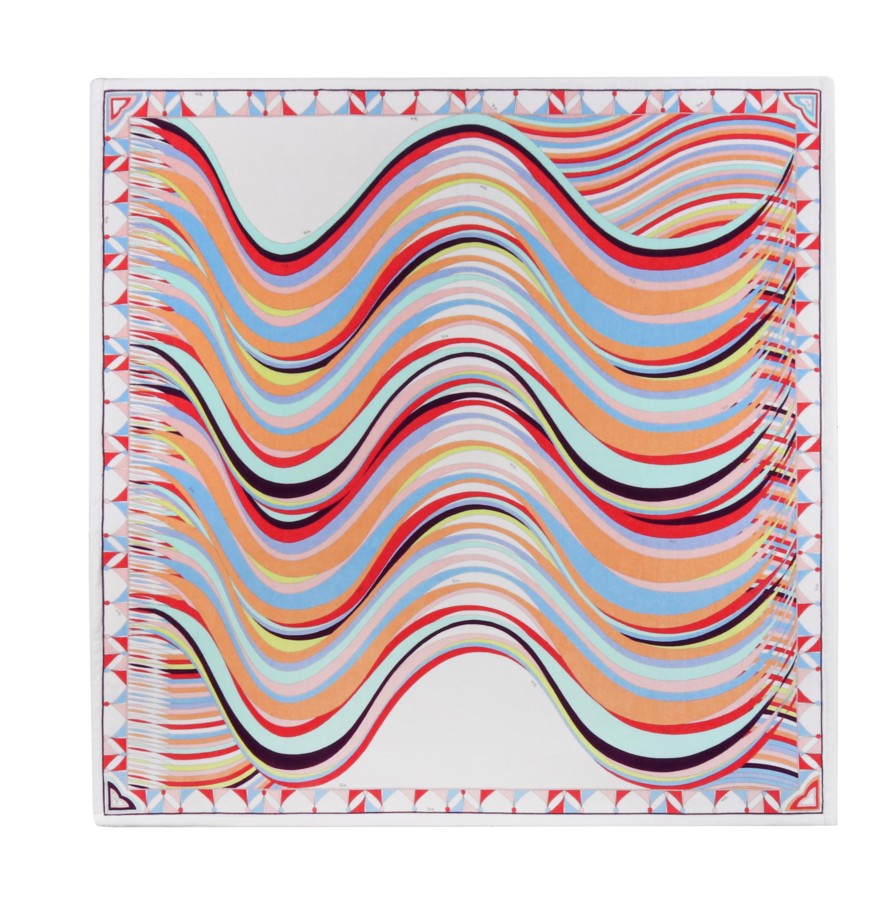 EMILIO PUCCI Multicolor Large / Oversized Square Abstract Wave Signature Print Beach Pool Towel

Style: Beach towel
Color(s): Shades of pink, black, white, blue, red, orange, yellow, and purple
Lined: No
Unmarked Fabric Content (feel of): Terry