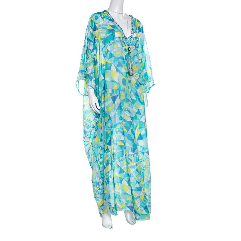 This kaftan from Emilio Pucci is vibrant and gorgeous! It is tailored from quality cotton and silk and designed with colourful prints all over, floor-length hem and a braided detail along the neckline,

Includes: The Luxury Closet Packaging

