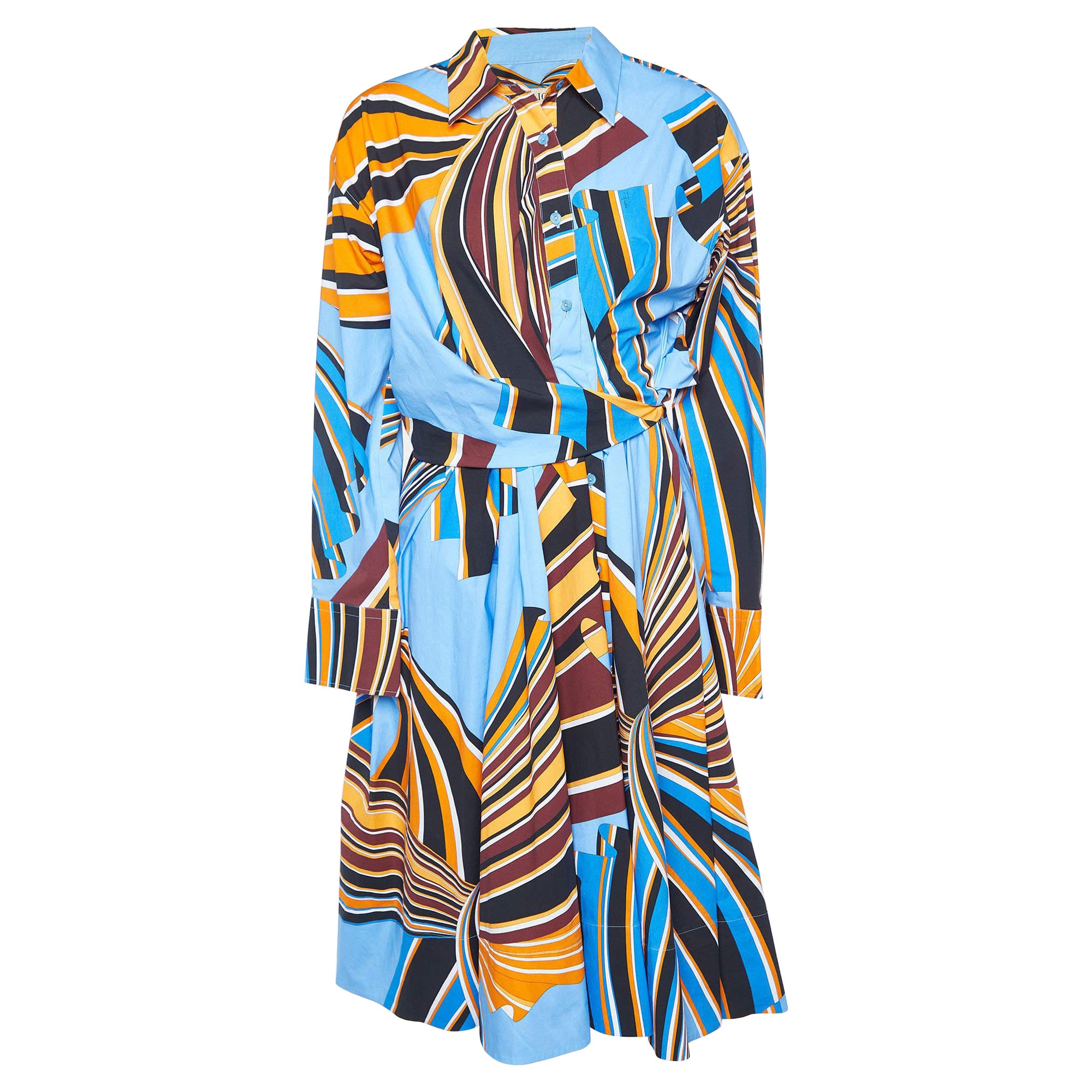 Emilio Pucci Vestido camisero de algodón estampado multicolor con detalle envolvente y botones delanteros M