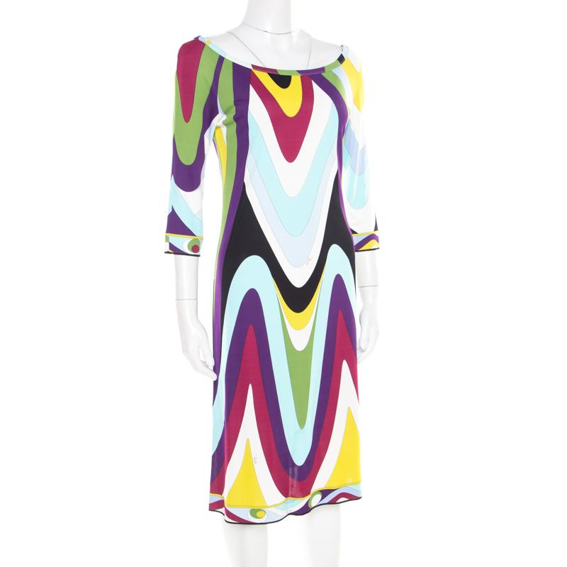 Gray Emilio Pucci Multicolor Printed Jersey Long Sleeve Dress M