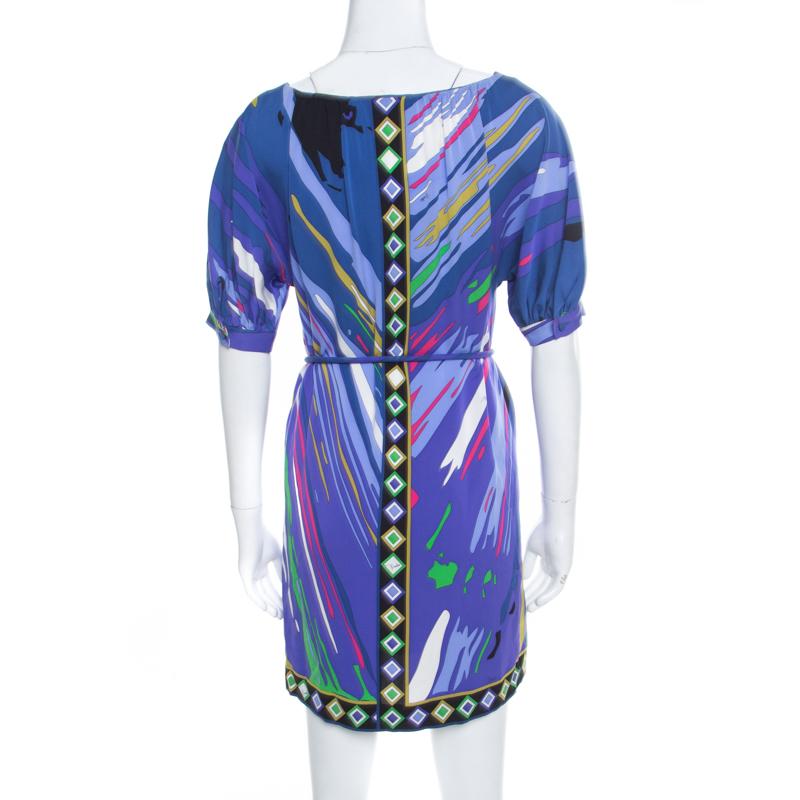 Purple Emilio Pucci Multicolor Printed Silk Embellished Belted Shift Dress S