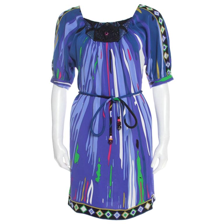 Emilio Pucci Multicolor Printed Silk Embellished Belted Shift Dress S