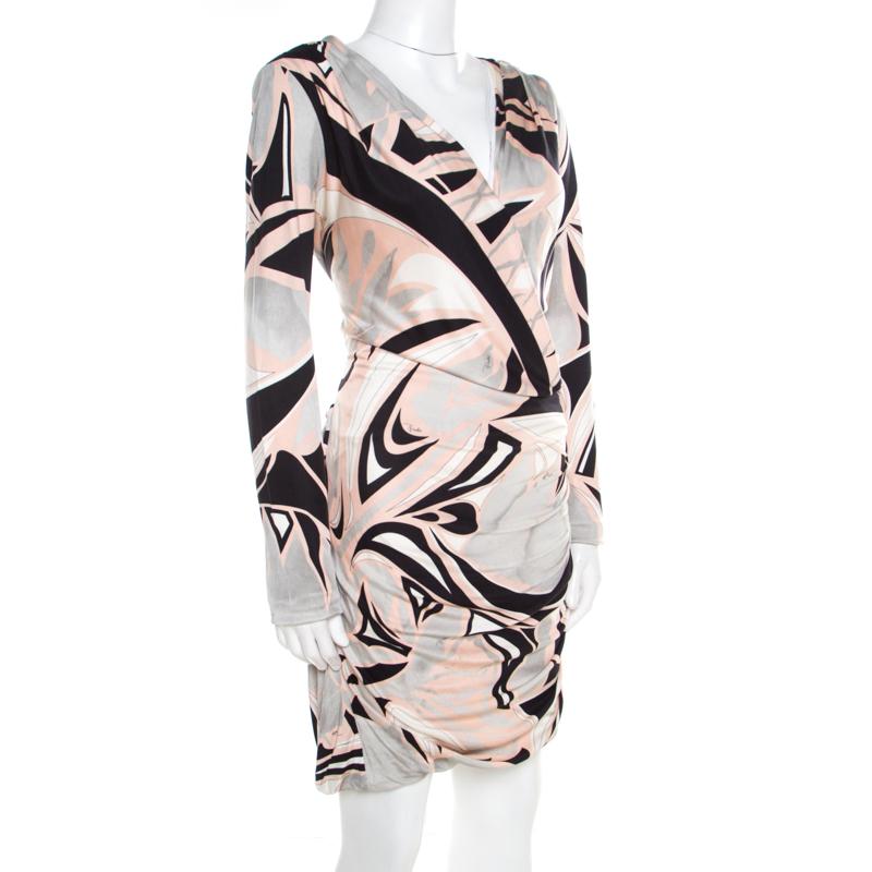 Beige Emilio Pucci Multicolor Printed Silk Jersey Draped Long Sleeve Dress L