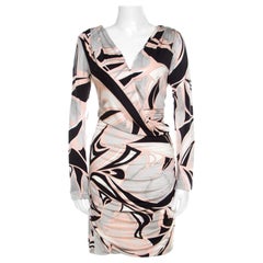 Emilio Pucci Multicolor Printed Silk Jersey Draped Long Sleeve Dress L