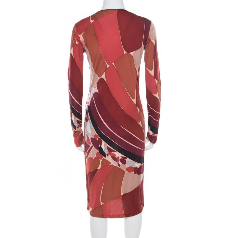 Brown Emilio Pucci Multicolor Printed Silk Jersey Long Sleeve Dress M