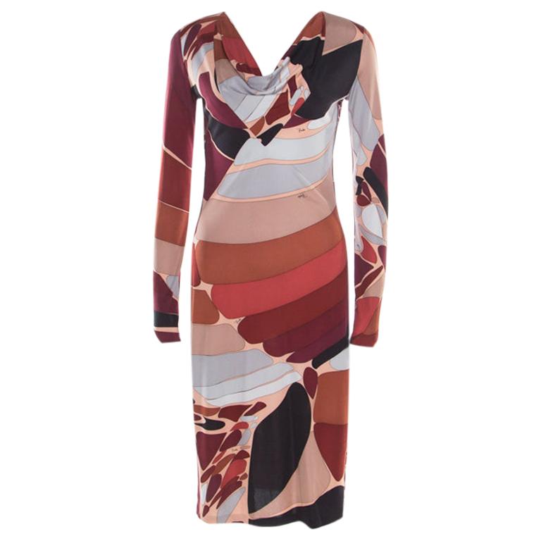 Emilio Pucci Multicolor Printed Silk Jersey Long Sleeve Dress M