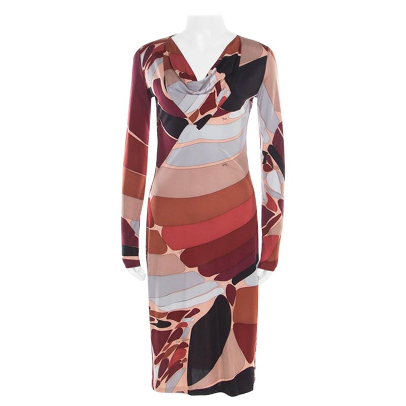 Emilio Pucci Multicolor Printed Silk Jersey Long Sleeve Dress M