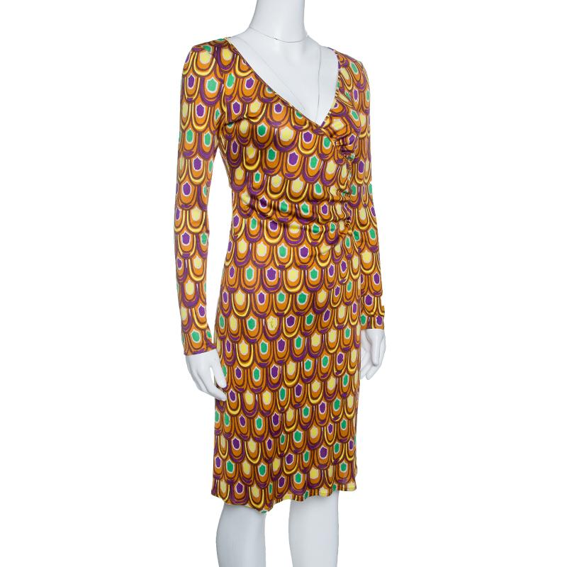 Brown Emilio Pucci Multicolor Printed Silk Jersey Long Sleeve Dress S