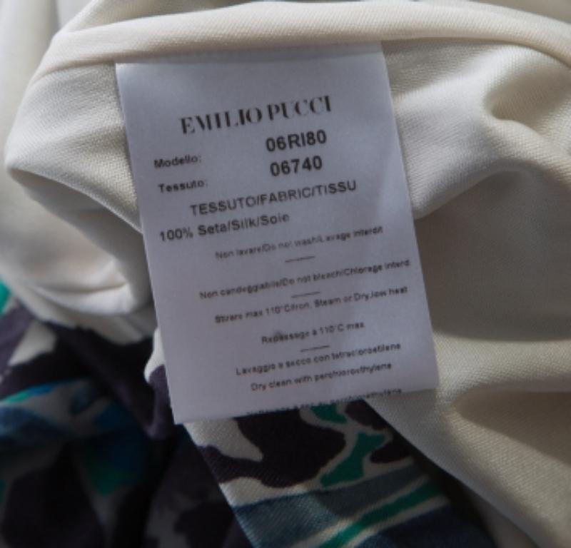 Gris Emilio Pucci - Robe drapée à épaules dénudées en jersey de soie imprimée multicolore, taille M en vente