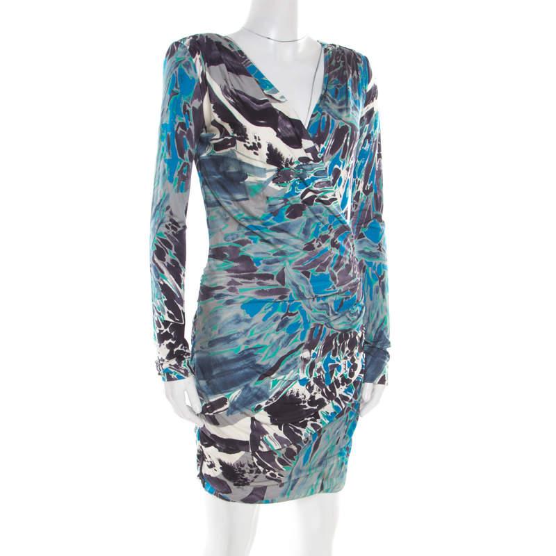 Emilio Pucci Multicolor Printed Silk Jersey Power Shoulder Draped Dress M In Good Condition For Sale In Dubai, Al Qouz 2