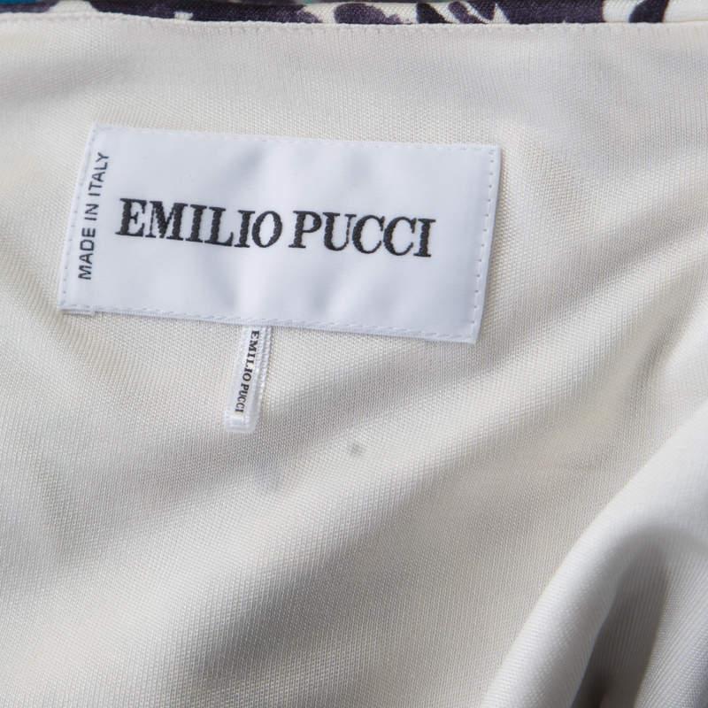 Emilio Pucci Multicolor Printed Silk Jersey Power Shoulder Draped Dress M For Sale 2
