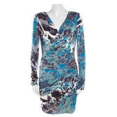 Emilio Pucci Multicolor Printed Silk Jersey Power Shoulder Draped Dress M