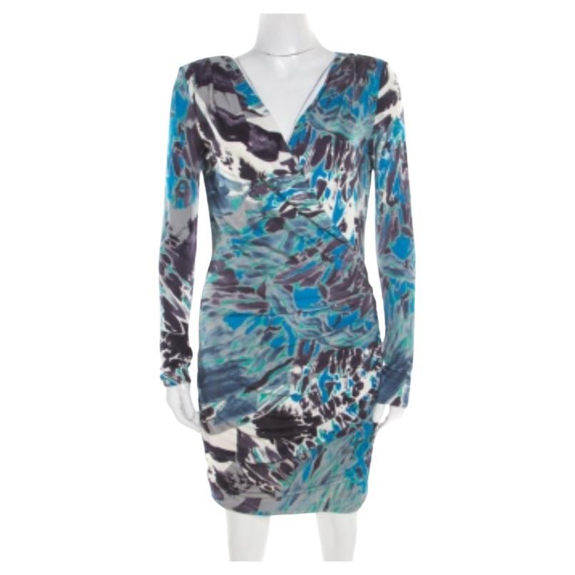 Emilio Pucci - Robe drapée à épaules dénudées en jersey de soie imprimée multicolore, taille M en vente