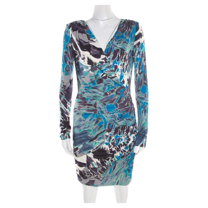 Emilio Pucci Multicolor Printed Silk Jersey Power Shoulder Draped Dress M For Sale