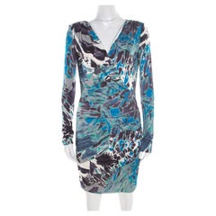 Emilio Pucci Multicolor Printed Silk Jersey Power Shoulder Draped Dress M