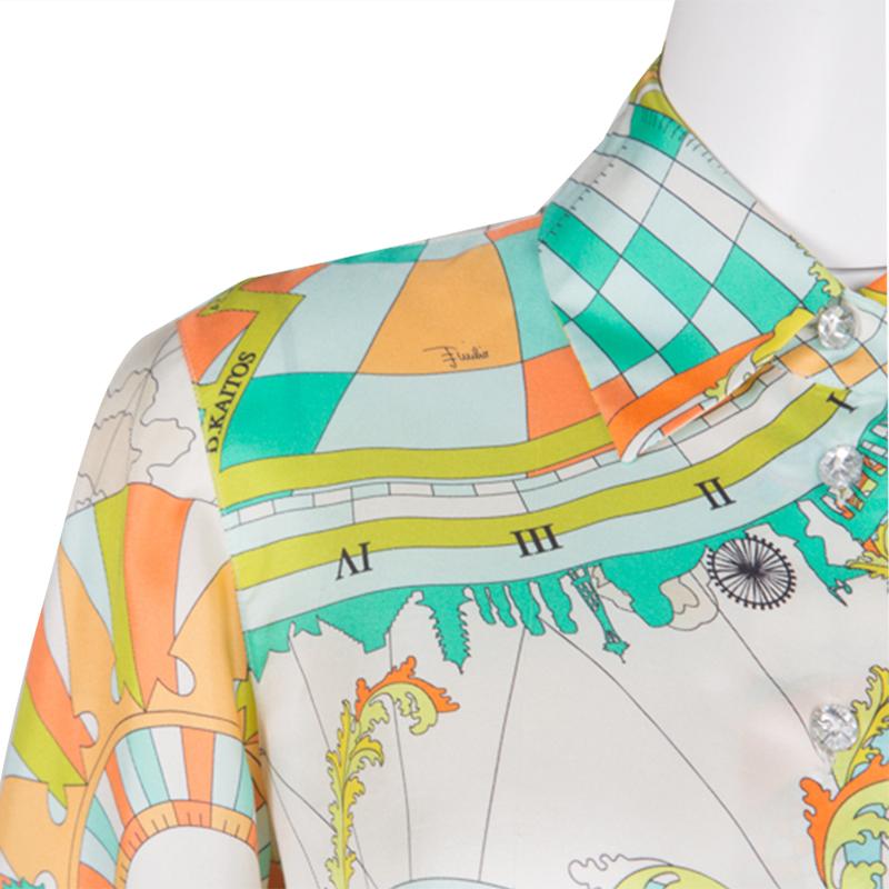Emilio Pucci Multicolor Printed Silk Long Sleeve Button Front Blouse M In Good Condition In Dubai, Al Qouz 2