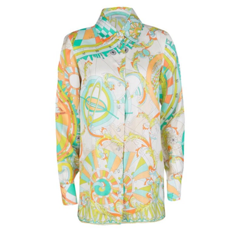 Emilio Pucci Multicolor Printed Silk Long Sleeve Button Front Blouse M ...