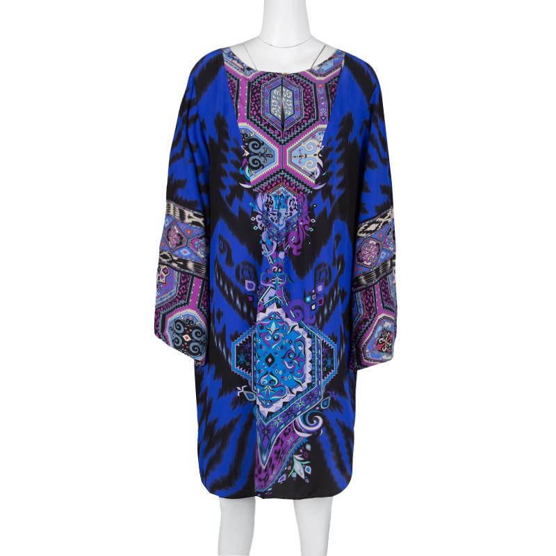 Purple Emilio Pucci Multicolor Printed Silk Long Sleeve Dress L