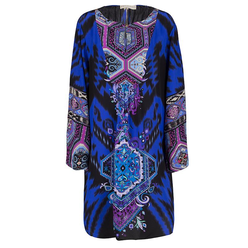 Emilio Pucci Multicolor Printed Silk Long Sleeve Dress L