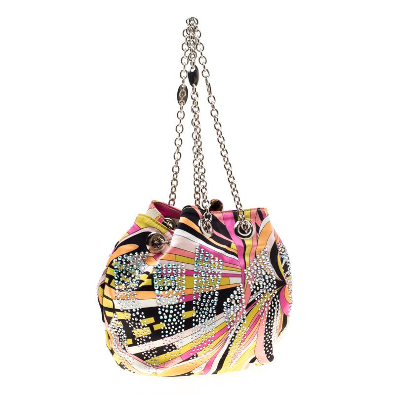 Beige Emilio Pucci Multicolor Satin Crystal Studded Bucket Bag