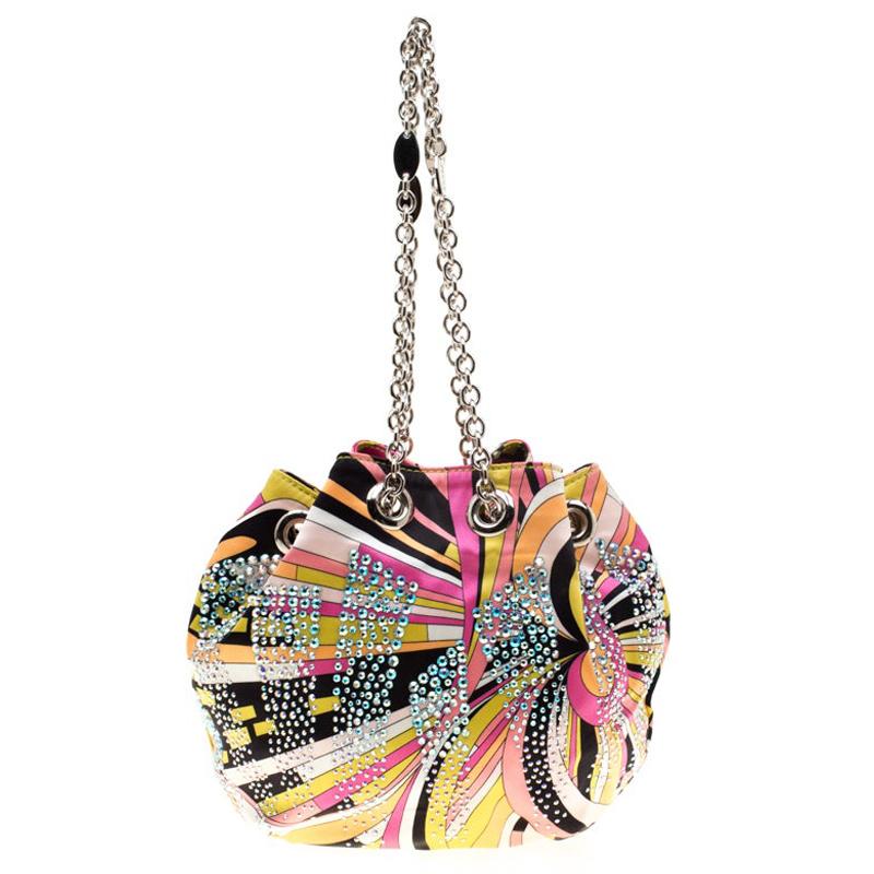 Emilio Pucci Multicolor Satin Crystal Studded Bucket Bag