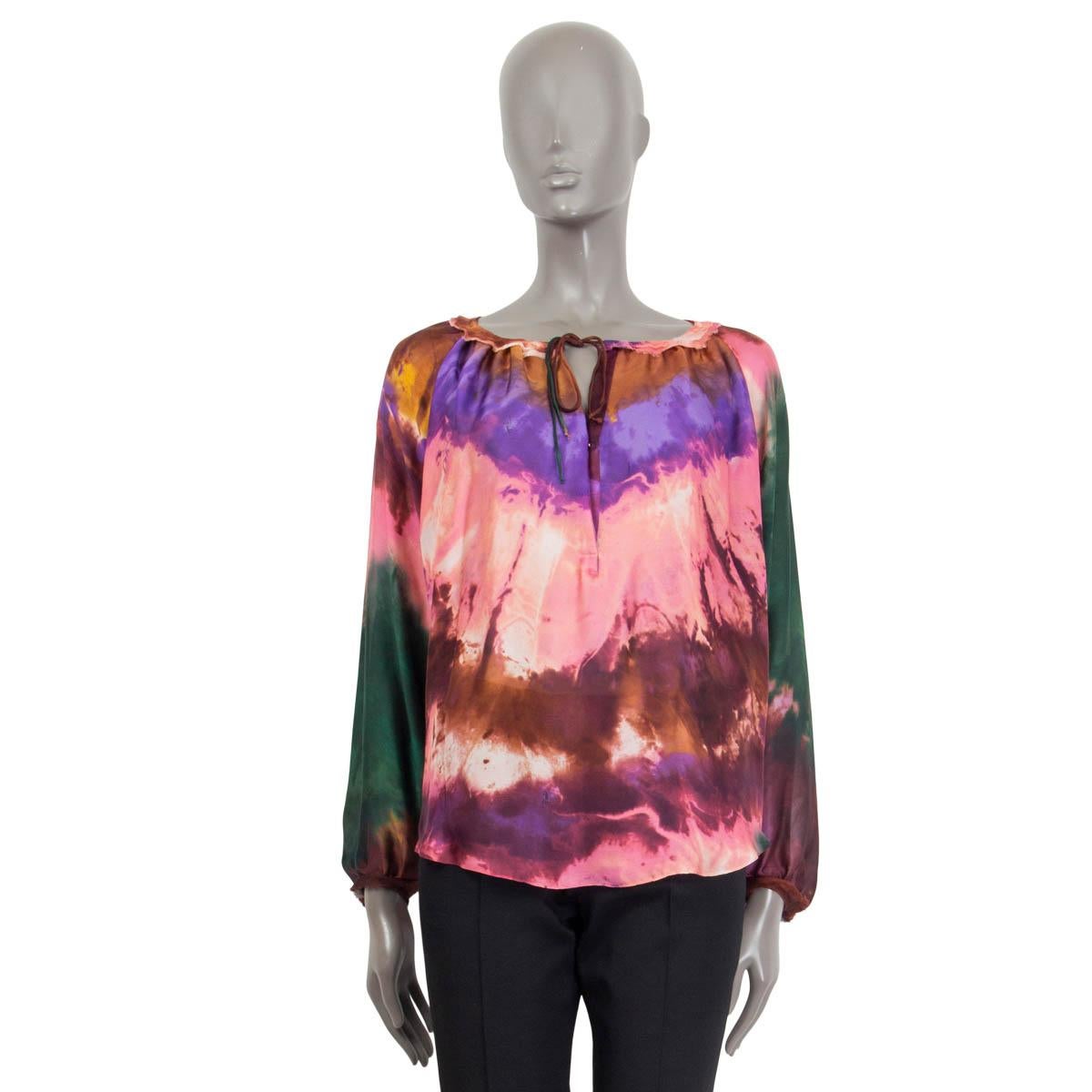 Brown EMILIO PUCCI multicolor silk 2015 TIE-DYE PEASANT Blouse Shirt 38 XS