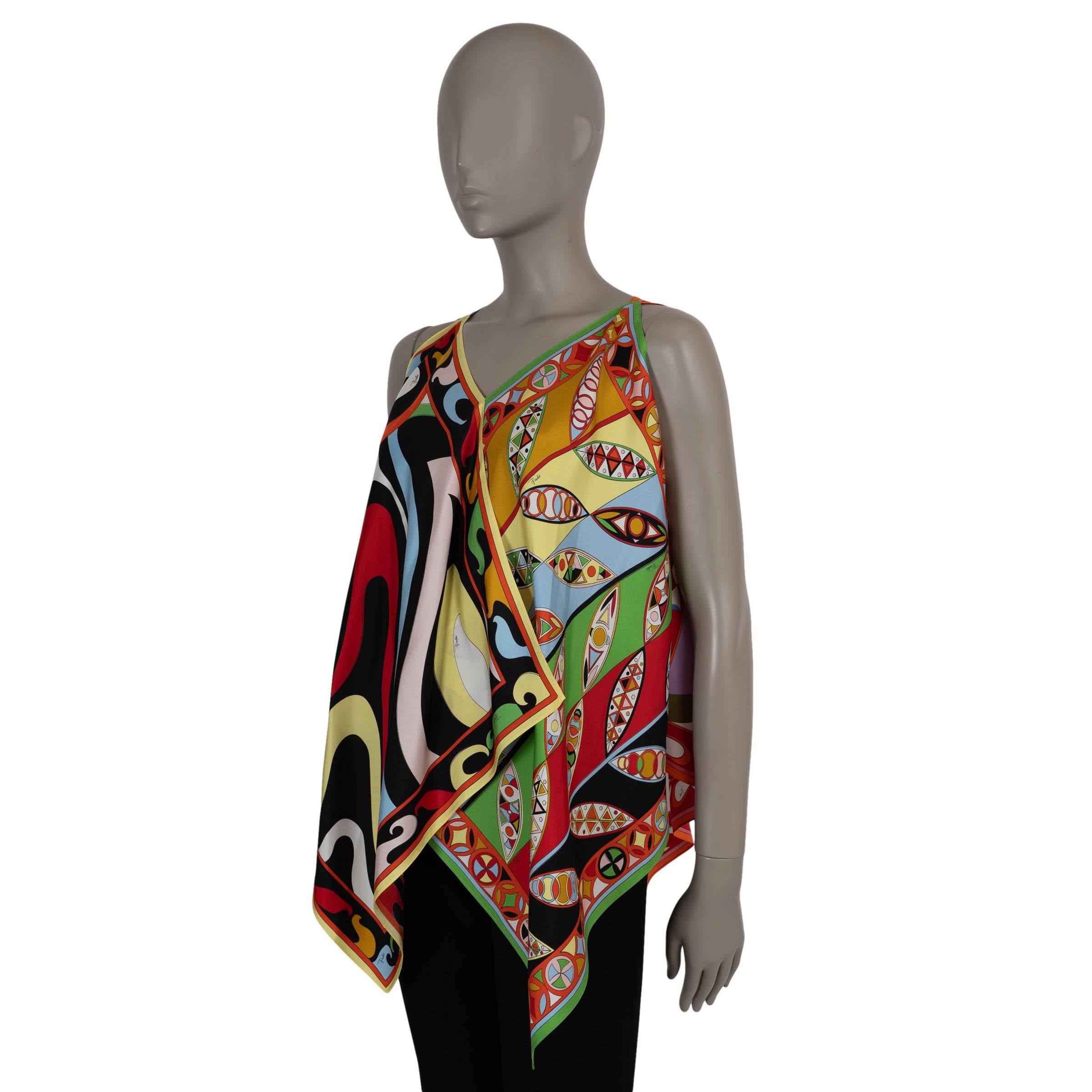 This 100% authentic Emilio Pucci scarf top in black and multicolor silk (100%) is a vibrant fusion of the brand’s signature prints, including Marmo, Griandole, Pesci, and geometric motifs across four panels. Designed with a relaxed, sleeveless