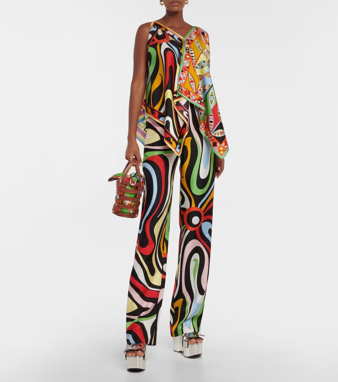 EMILIO PUCCI multicolor silk 2022 MIXED PRINT SCARF TOP Shirt S For Sale 2