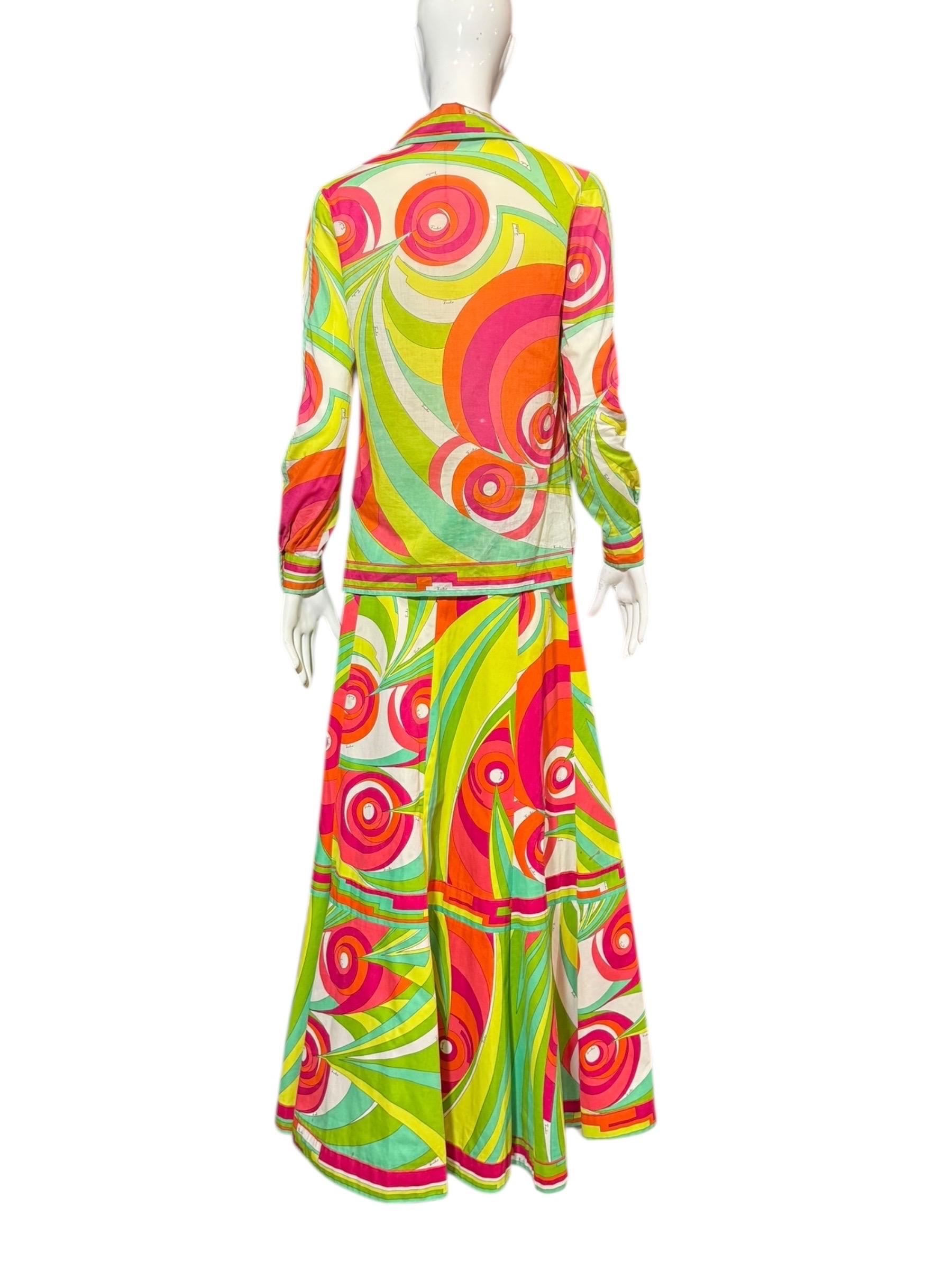 Emilio Pucci Multicolor Silk Cotton Shirt & Skirt Set, 1970s en venta 8