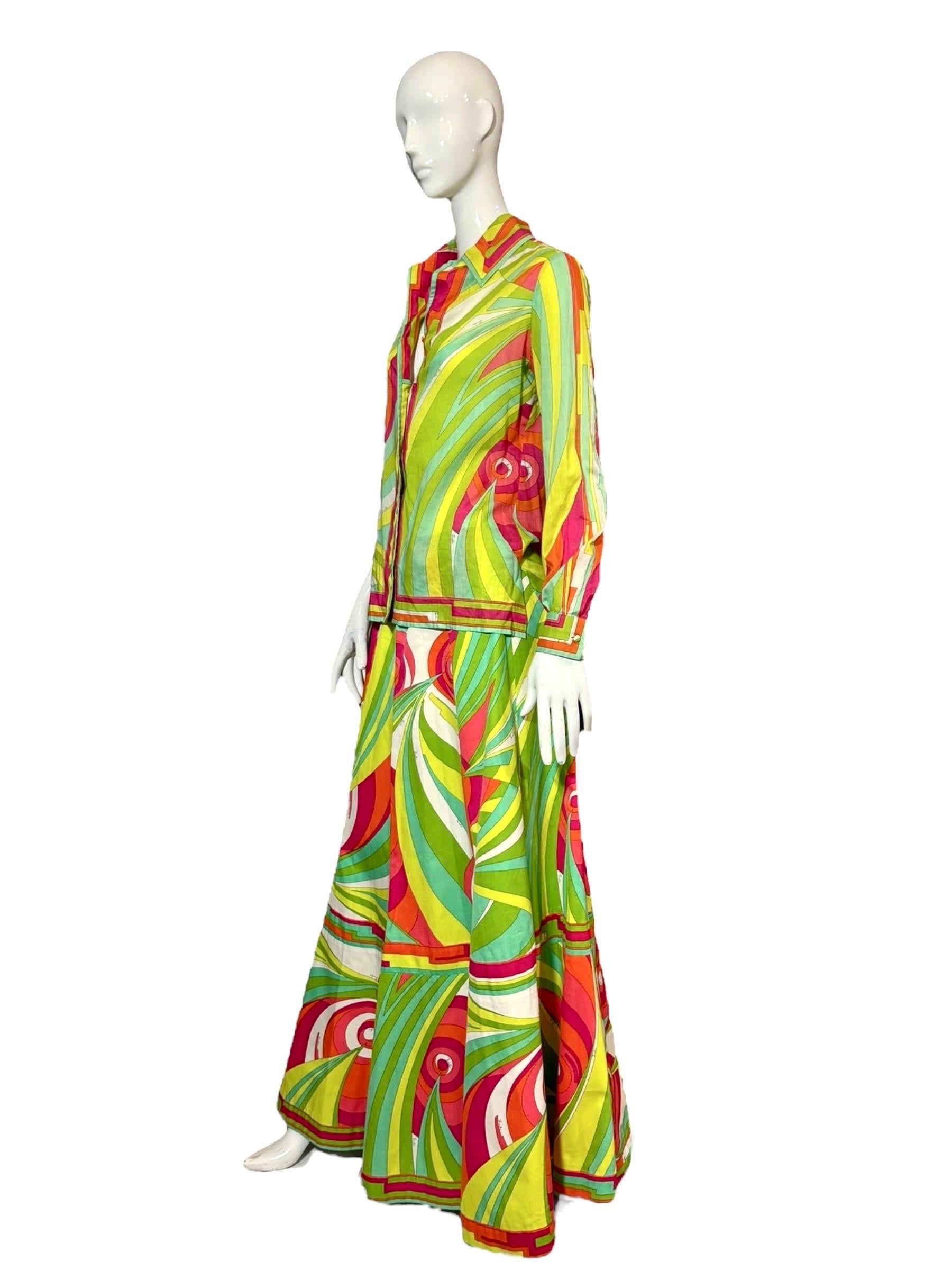 Emilio Pucci Multicolor Silk Cotton Shirt & Skirt Set, 1970s en venta 13