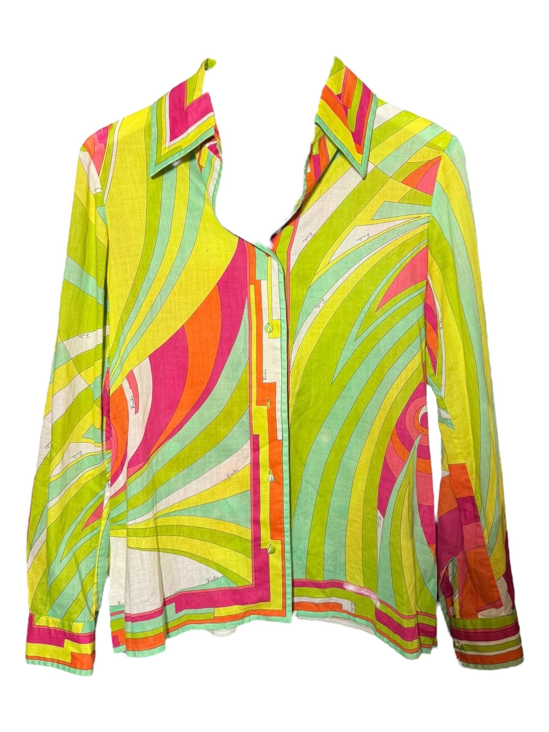 Emilio Pucci Multicolor Silk Cotton Shirt & Skirt Set, 1970s Verde en venta