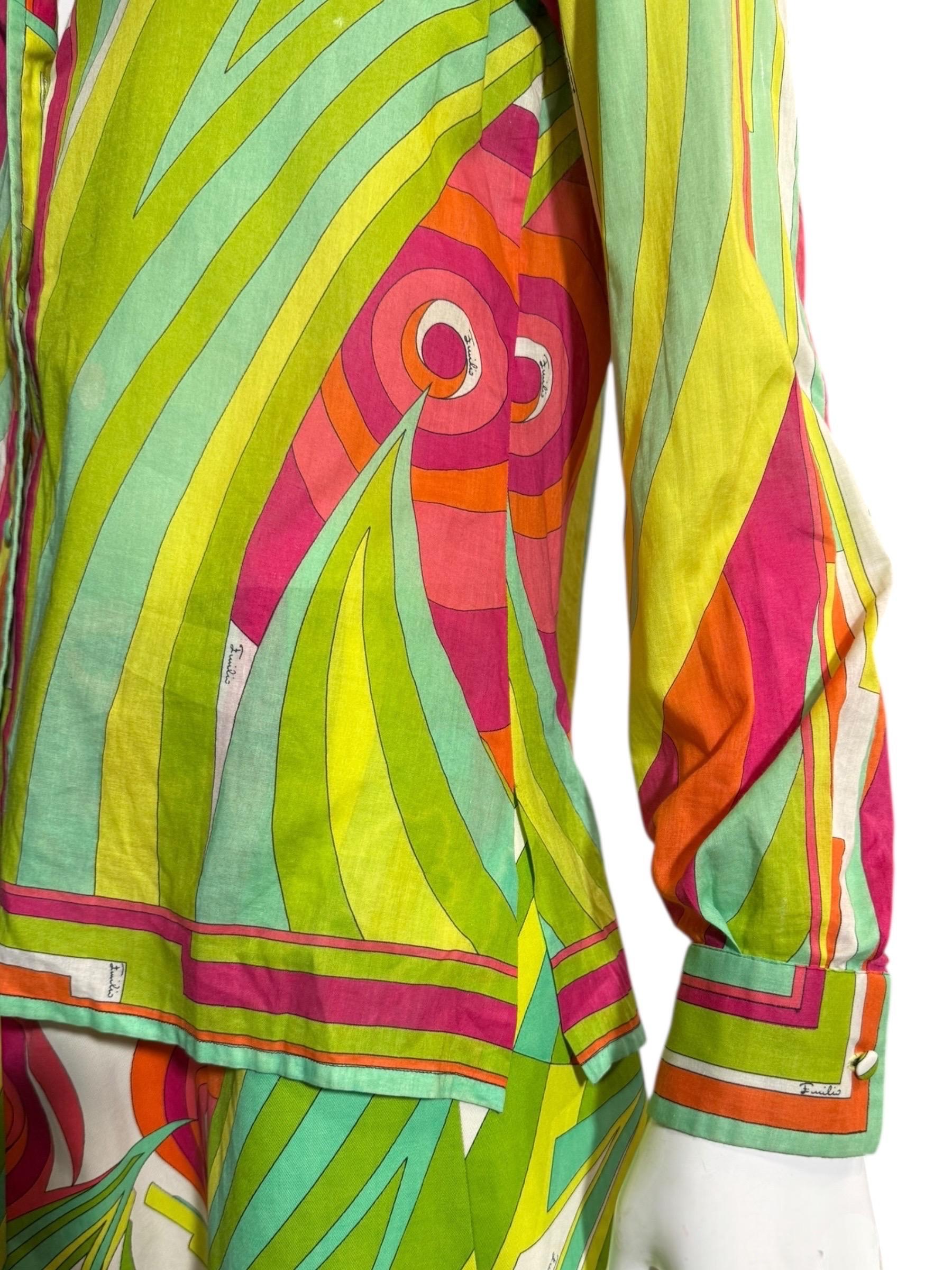 Emilio Pucci Multicolor Silk Cotton Shirt & Skirt Set, 1970s en venta 2