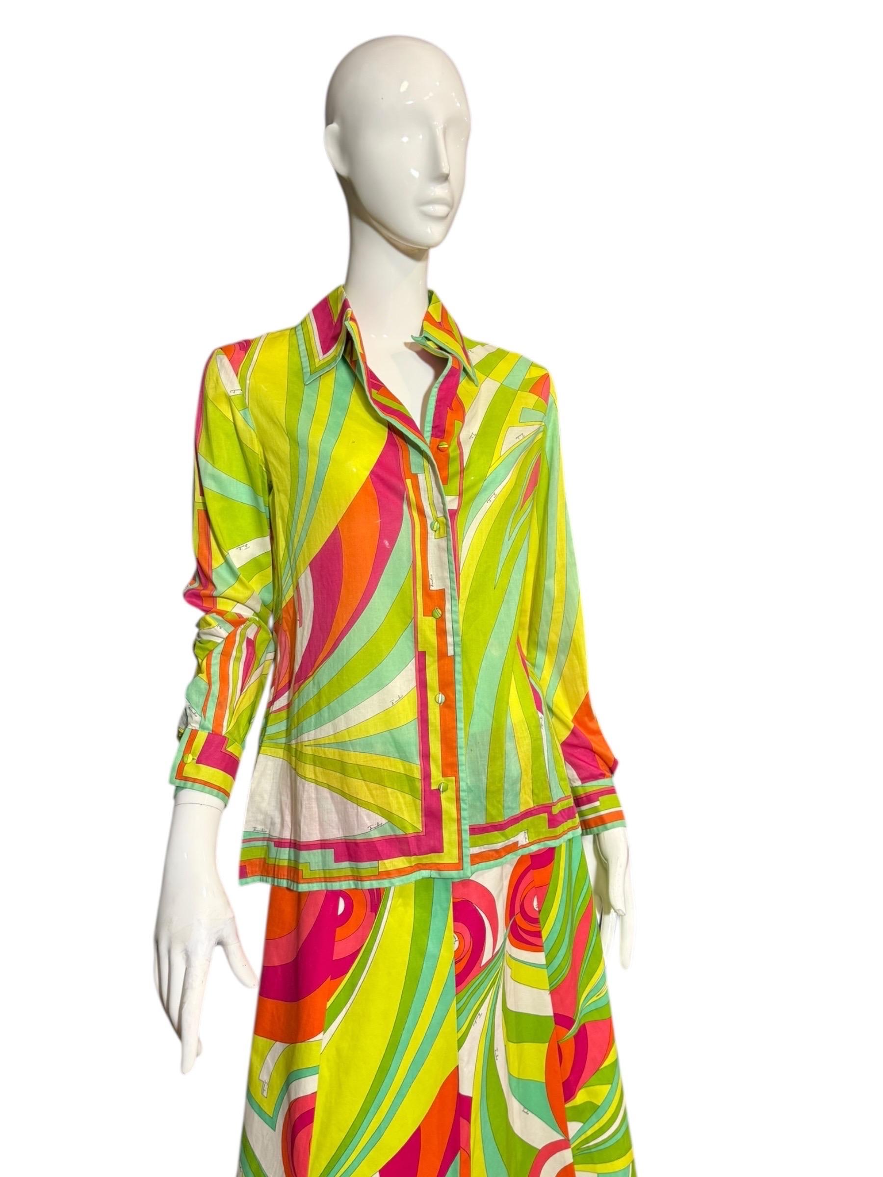 Emilio Pucci Multicolor Silk Cotton Shirt & Skirt Set, 1970s en venta 3