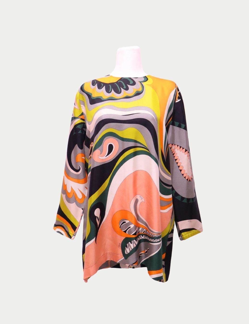 Beige Emilio Pucci Multicolor Silk Tunic Top -EU 46 in vendita