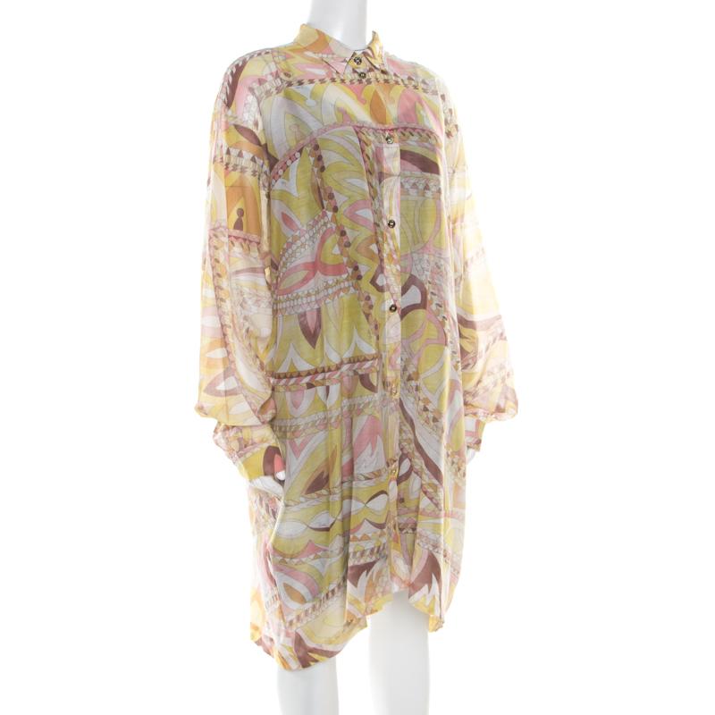 Brown Emilio Pucci Multicolor Washed Out Printed Cotton and Silk Shirt Dress L