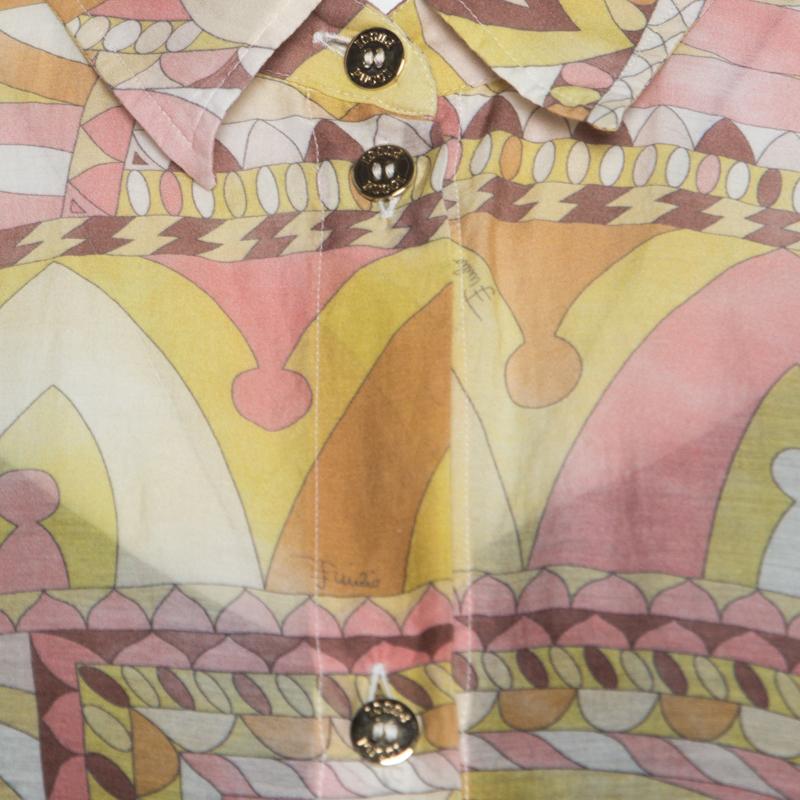 Emilio Pucci Multicolor Washed Out Printed Cotton and Silk Shirt Dress L In Good Condition In Dubai, Al Qouz 2