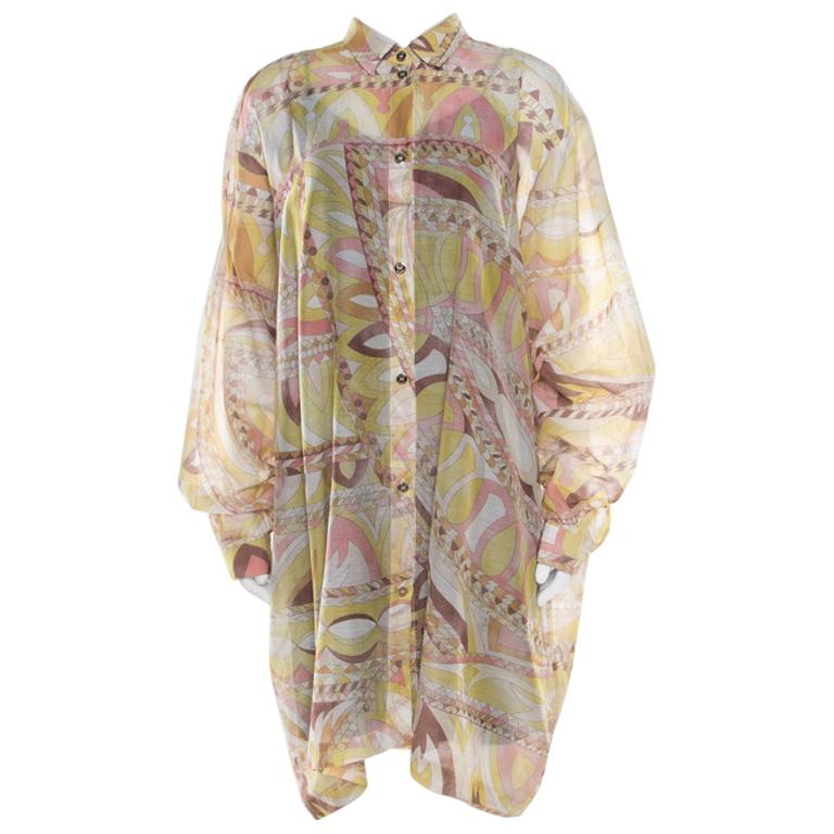 Emilio Pucci Multicolor Washed Out Printed Cotton and Silk Shirt Dress L