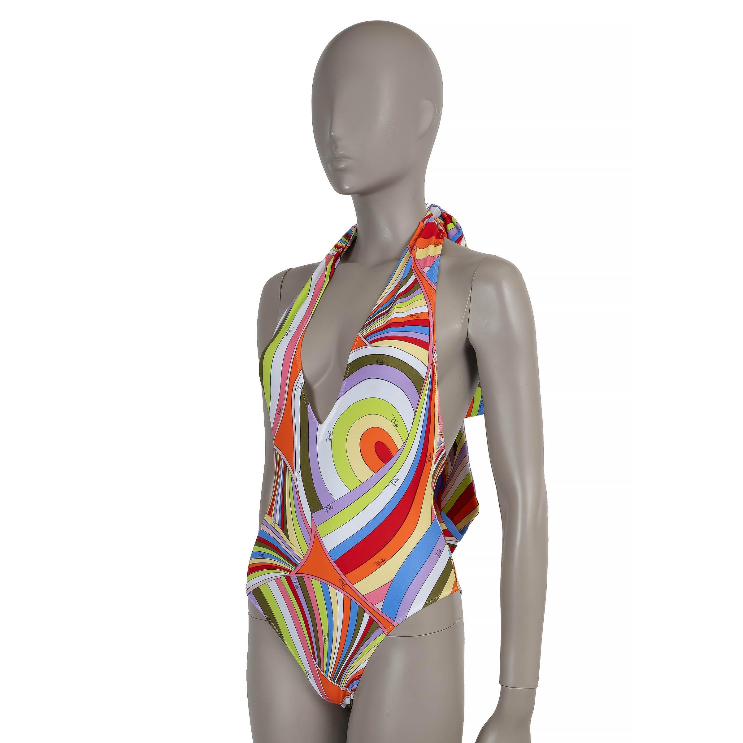 This 100% authentic Emilio Pucci swimsuit is crafted in multicolor Iride-printed polyamide (80%) and elastane (20%)—please note the content and size tag are missing. Designed with a plunging V-neckline and dramatic open back, it features a long