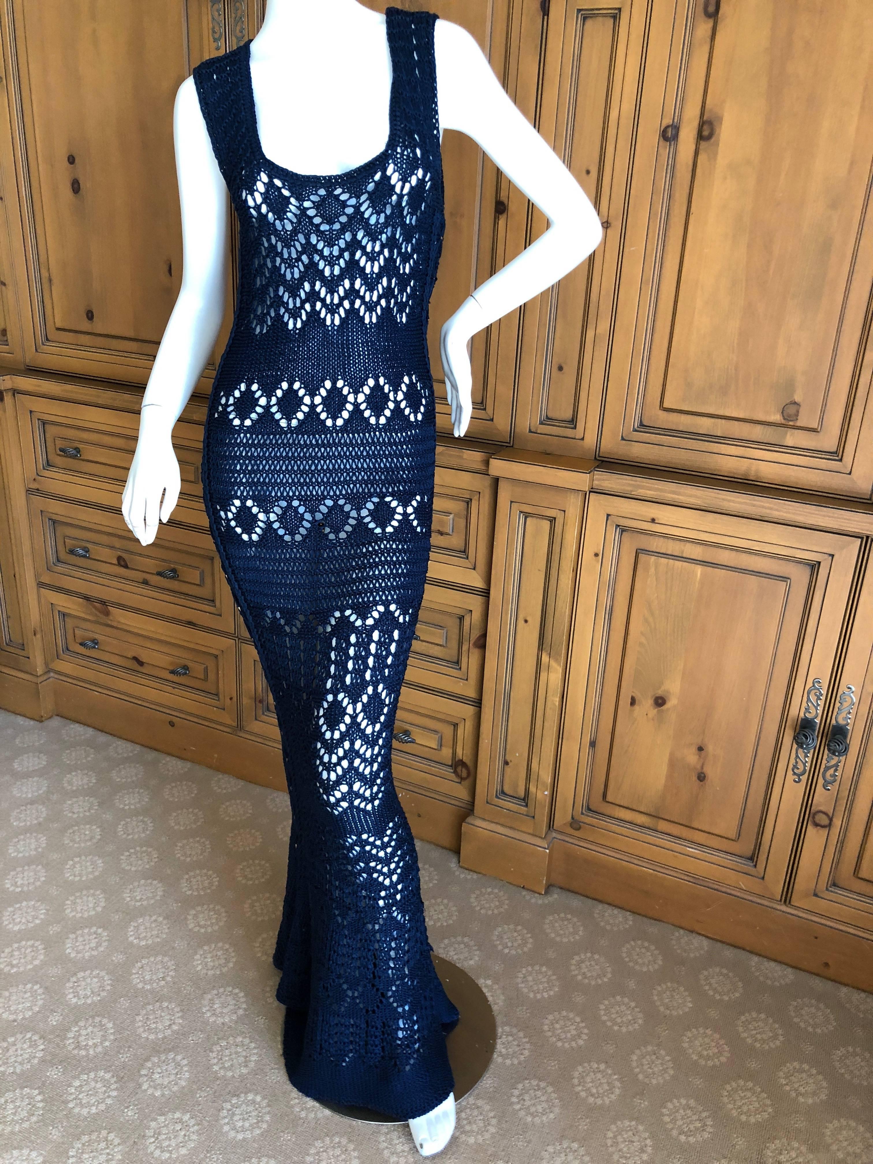 Emilio Pucci Navy Blue Crochet Knit Evening Dress In Excellent Condition For Sale In Cloverdale, CA