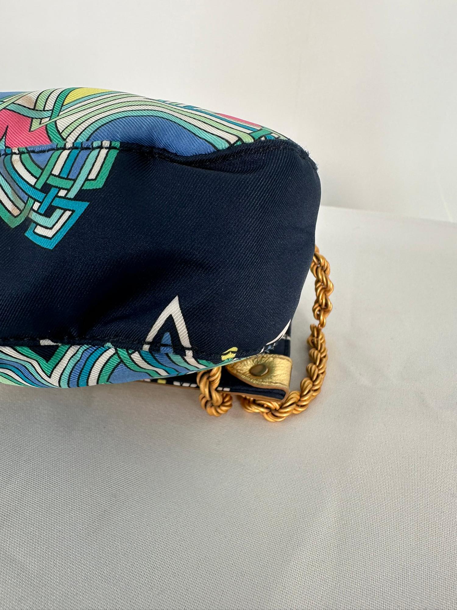Emilio Pucci Navy Blue Printed Flap Front Hand Bag Matte Gold Chain Strap  For Sale 6